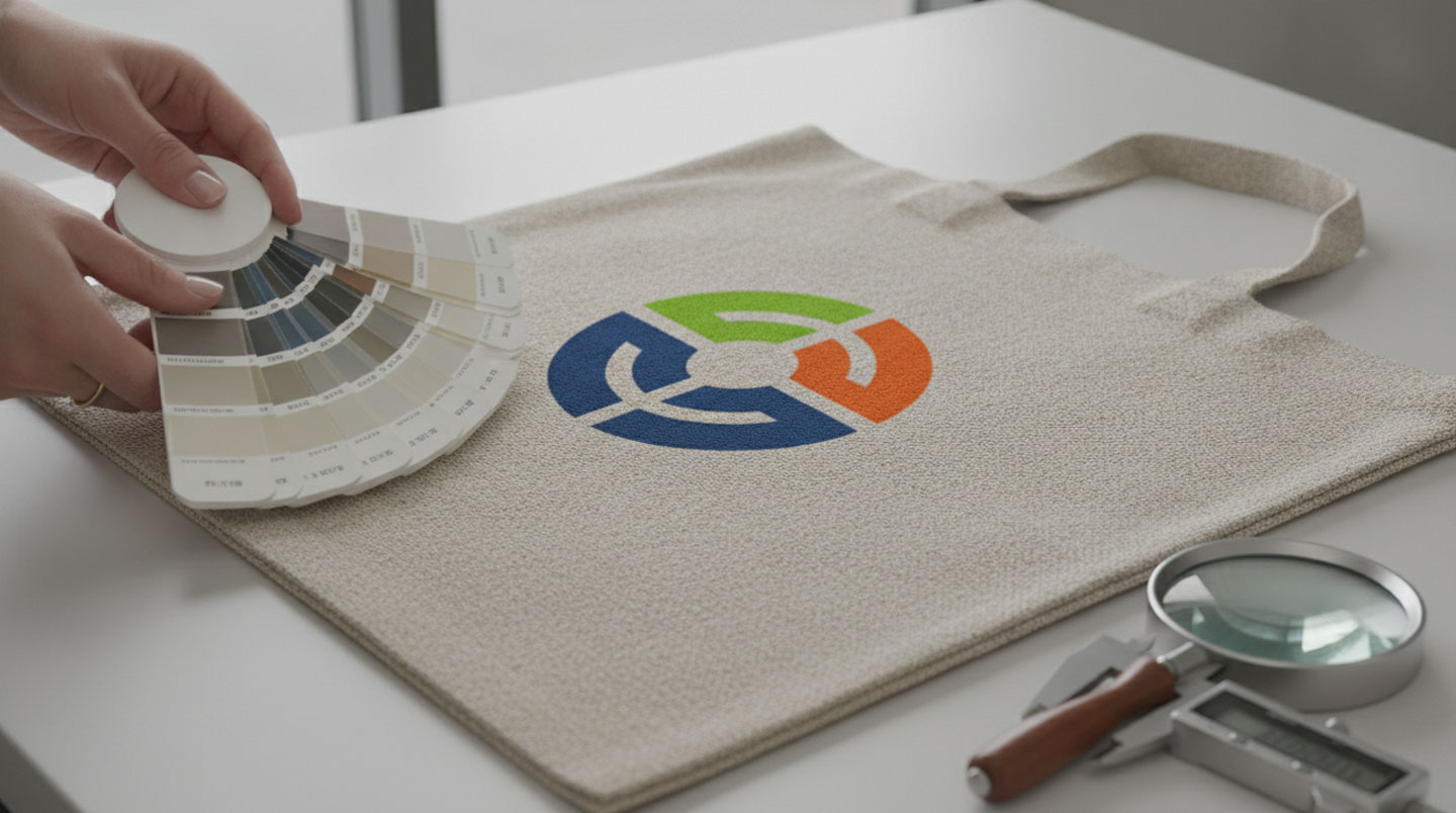Mains professionnelles inspectant échantillon de tote bag en coton écru avec logo imprimé, vérification qualité des coutures doubles et fidélité du rendu d'impression