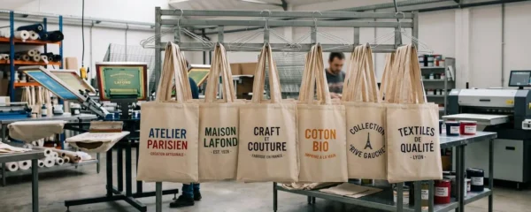Atelier textile français avec tote bags personnalisés suspendus sur portant métallique après impression, équipement de sérigraphie industrielle visible en arrière-plan, éclairage naturel de verrière