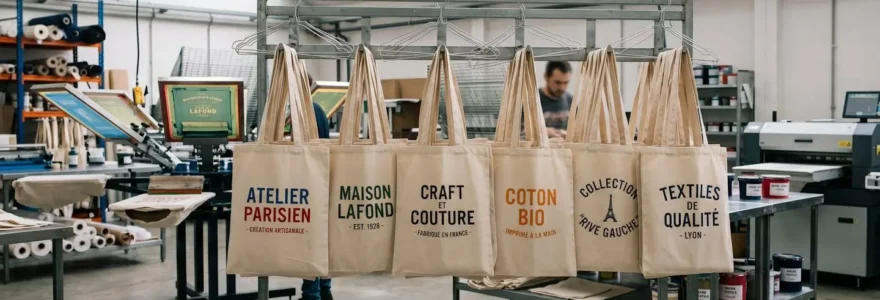 Atelier textile français avec tote bags personnalisés suspendus sur portant métallique après impression, équipement de sérigraphie industrielle visible en arrière-plan, éclairage naturel de verrière