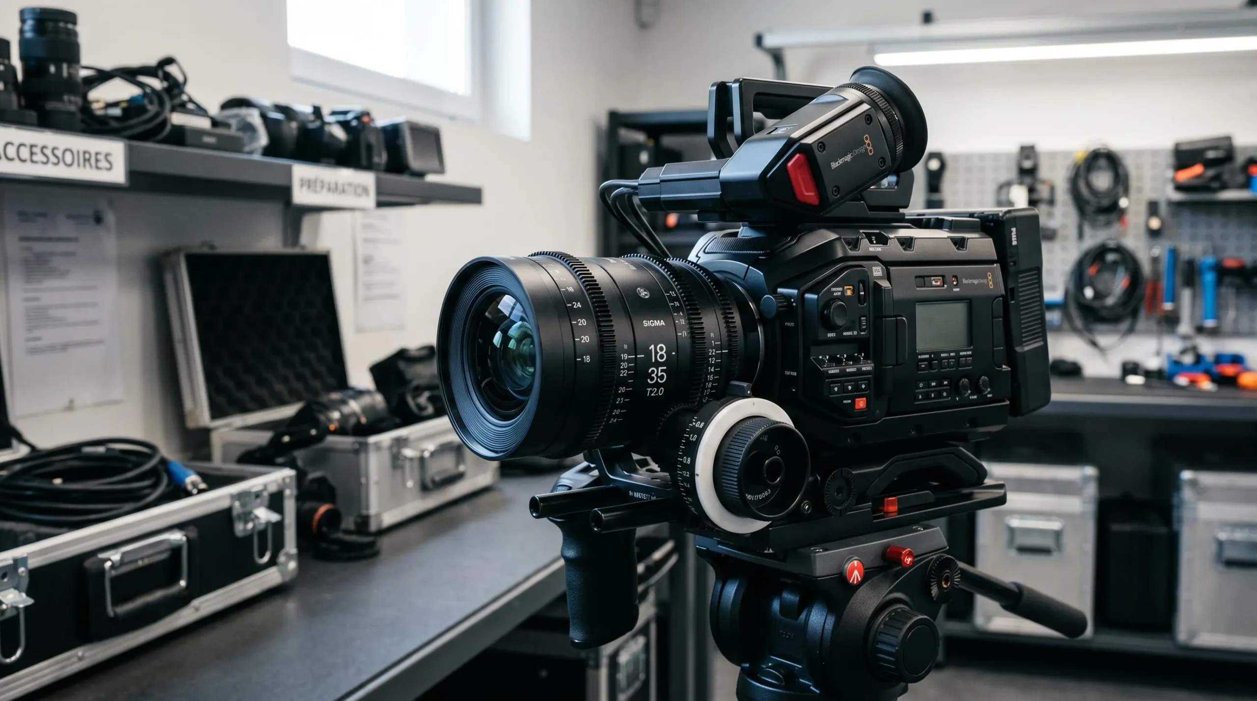 Caméra cinéma numérique professionnelle avec objectif cinéma monté, présentée sur support dans un contexte technique d'équipement de location