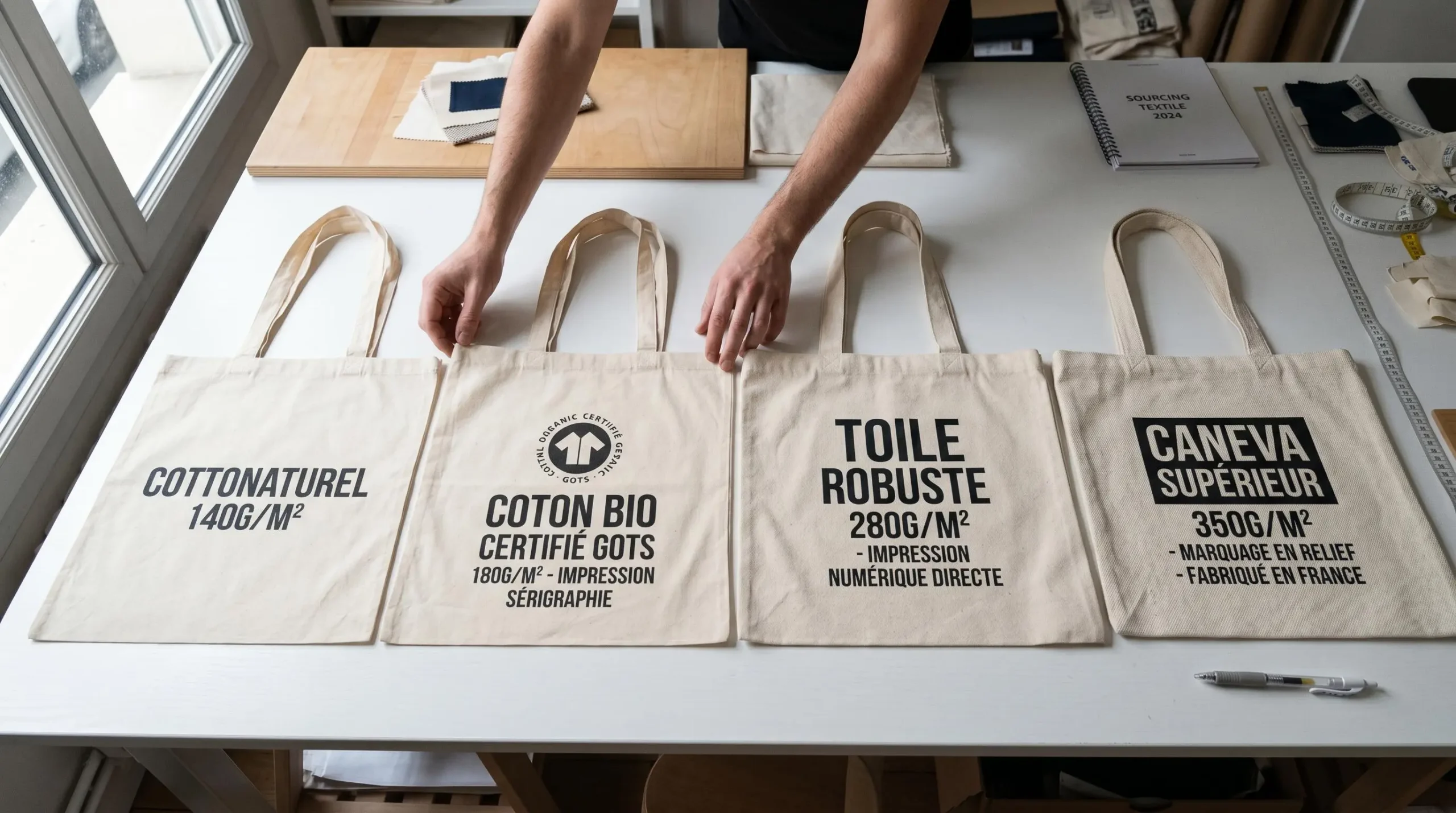 Vue aérienne de quatre échantillons de tote bags disposés horizontalement sur table blanche, montrant variations de grammage coton et techniques d'impression, mains professionnelles désignant détails