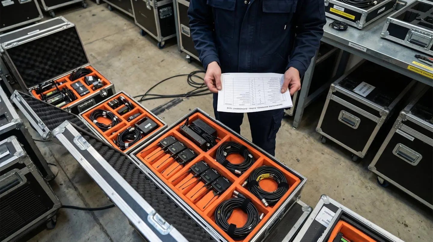 Flight cases ouverts contenant du matériel audio professionnel organisé, avec mains d'un technicien vérifiant une liste d'inventaire lors de la préparation logistique