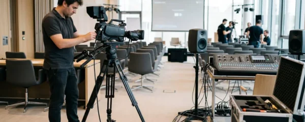 Technicien audiovisuel ajustant une caméra broadcast sur trépied dans une salle de conférence, avec console de mixage et enceintes professionnelles en arrière-plan
