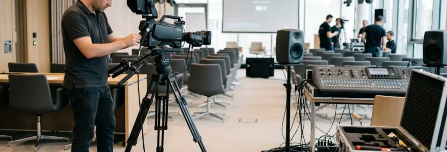 Technicien audiovisuel ajustant une caméra broadcast sur trépied dans une salle de conférence, avec console de mixage et enceintes professionnelles en arrière-plan